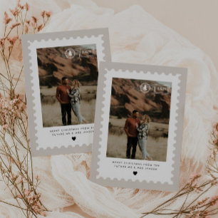 Neutral Postage Stamp Engaged Christmas Photo Holiday Card