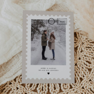 Neutral Postage Stamp Merry & Married Photo Holiday Card