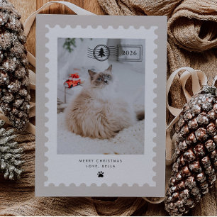 Neutral Postage Stamp Pet Cat Photo Holiday Card