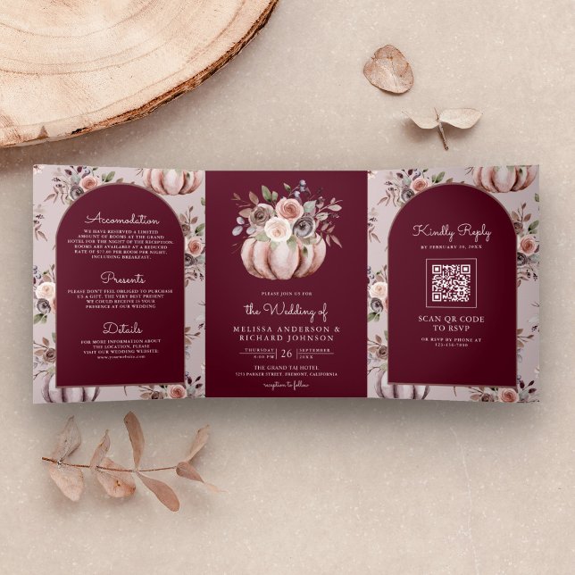 Neutral Pumpkin Floral QR Code Burgundy Wedding Tri-Fold Invitation (Creator Uploaded)