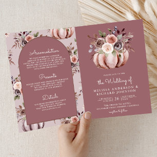 Neutral Pumpkin Floral QR Code Dusty Rose Wedding Invitation