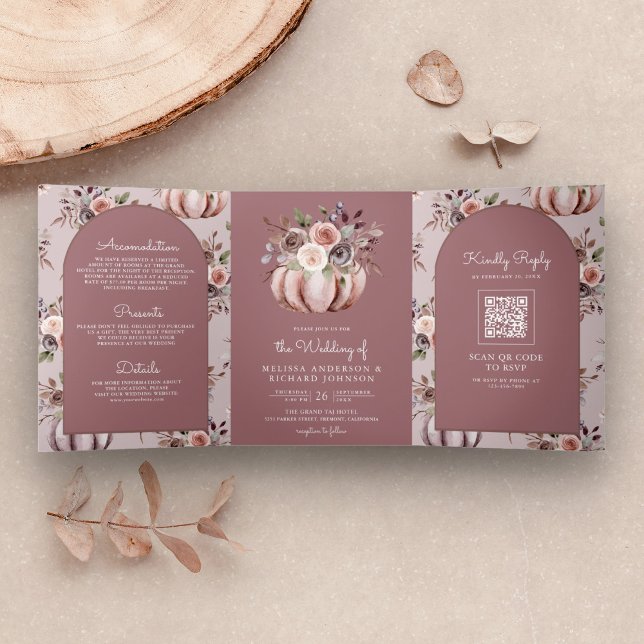Neutral Pumpkin Floral QR Code Dusty Rose Wedding Tri-Fold Invitation (Creator Uploaded)