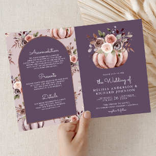Neutral Pumpkin Floral QR Code Pale Purple Wedding Invitation