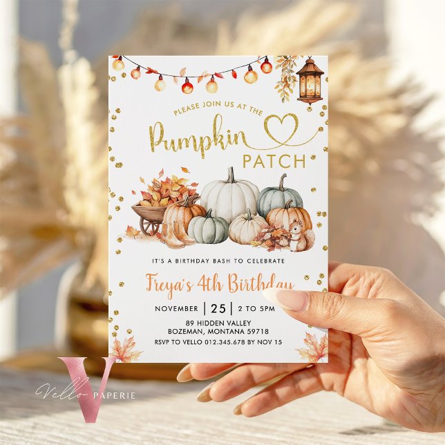 Neutral Pumpkin Patch Gold Glitter Birthday  Invitation (Creator Uploaded)
