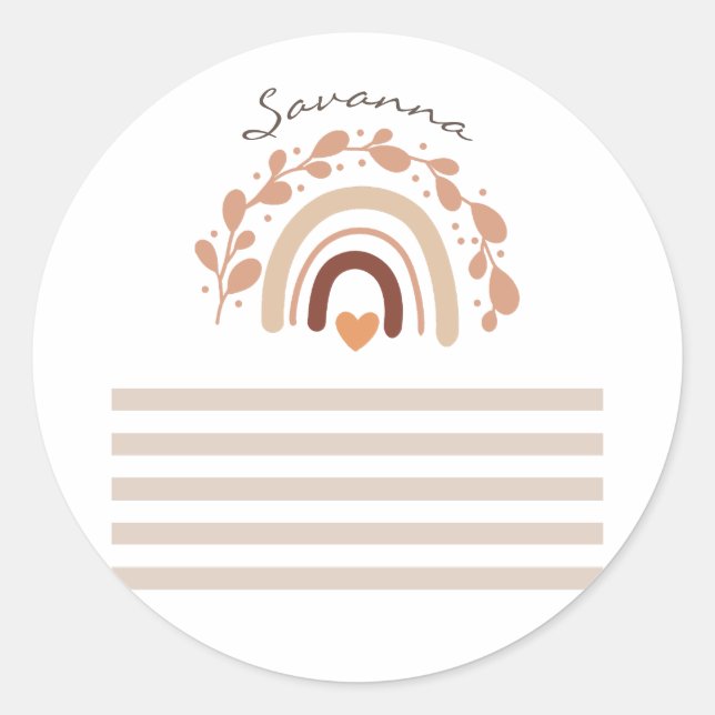 Neutral Rainbow Custom Name Baby Shower  Classic Round Sticker (Front)