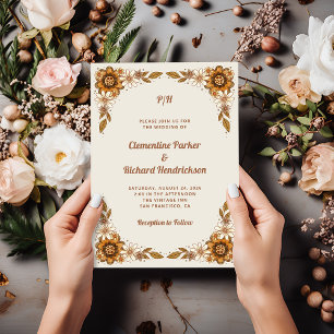 Neutral Retro Flowers Wedding Invitation