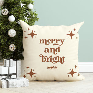 Neutral Retro Stars Merry and Bright Christmas Cushion