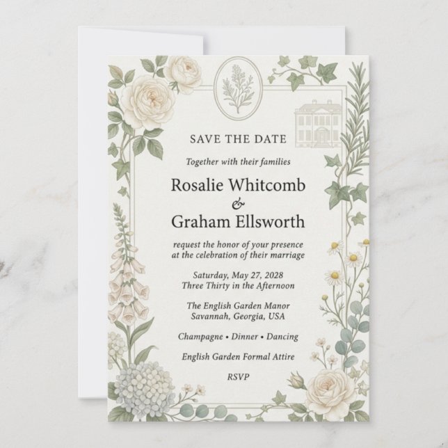 Neutral Roses, Hydrangeas, Foxgloves, Chamomile, R Invitation (Front)