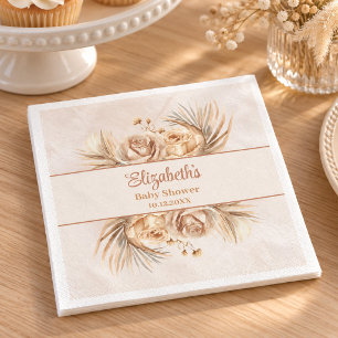 Neutral Roses Pampas Baby Shower Name Design Napkin