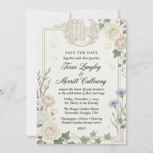 Neutral Roses, Ranunculus, Cornflowers, Hydrangeas Invitation