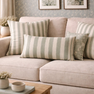 Neutral Rustic Sage Green Stripe Farmhouse Cottage Lumbar Cushion