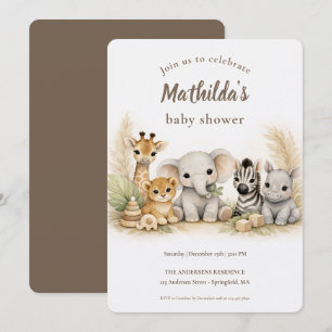 Neutral Safari Animals Baby Shower Invitation