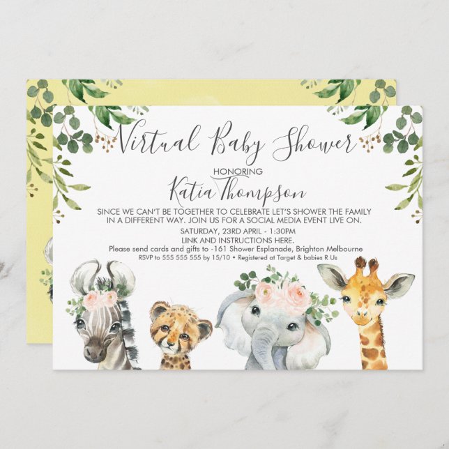 Neutral Safari Animals Virtual Baby Shower  Invitation (Front/Back)