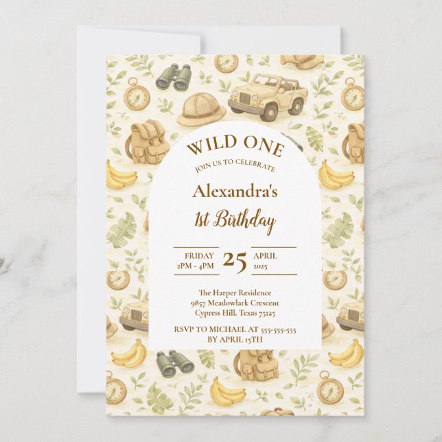 Neutral Safari Animals Wild One First Birthday Invitation (Front)