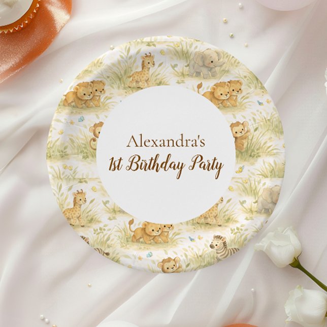 Neutral Safari Wild One Floral First Birthday Paper Plate (Creator Uploaded)