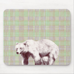 Neutral Sage Plaid Bear Mouse Pad
