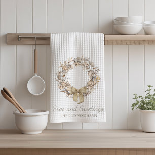 Neutral Seashell Wreath Holiday Tea Towel