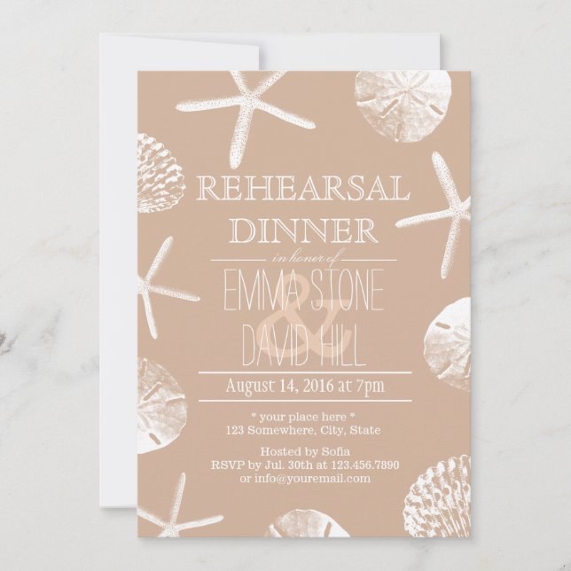 Neutral Seashells Beach Wedding Rehearsal Dinner Invitation (Front)