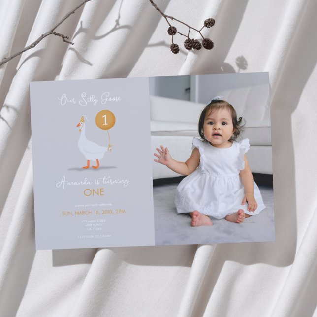 Neutral Silly Goose First Birthday Photo Invitation (Creator Uploaded)