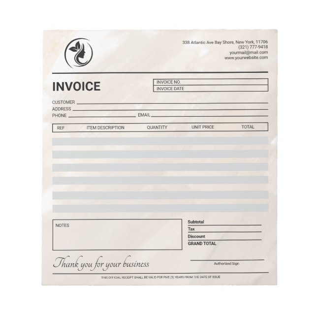 Neutral Skincare / Beauty Invoice / Receipt  Notepad (Front)
