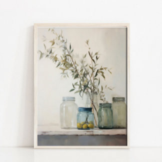 Neutral Still Life Painting, Vintage Olive Branche Poster