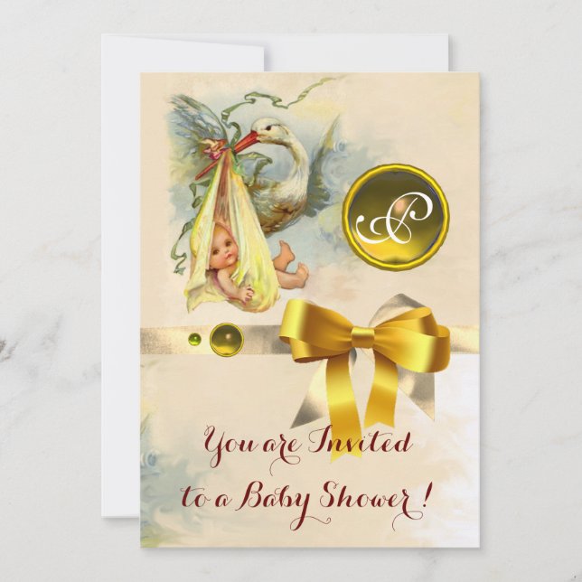 NEUTRAL STORK BABY SHOWER YELLOW GEMSTONE MONOGRAM INVITATION (Front)