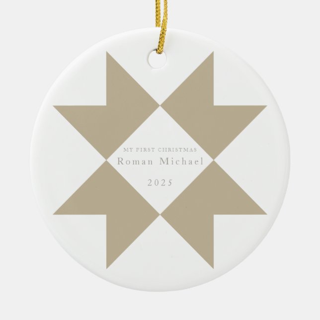 Neutral Stripe Quilt Star My First Christmas Ceramic Tree Decoration (Front)