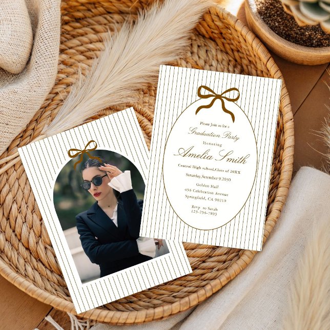  Neutral Striped Brown Bow Graduation Invitation (Creator Uploaded)
