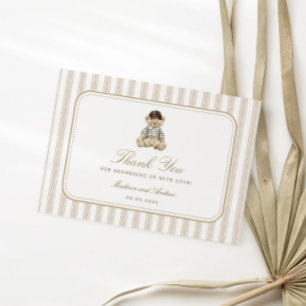 Neutral Stripes Teddy Bear Baby Shower Thank You Enclosure Card