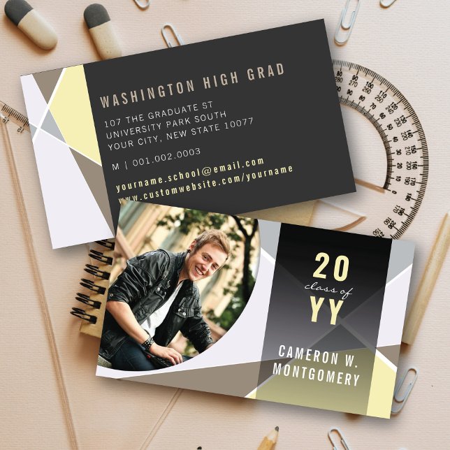 Neutral Stylish Geometric Lines Mod Photo Graduate Calling Card (Neutral Stylish Geometric Criss Cross Photo Graduation Calling/Name Card @ zazzle.com/color_therapy)