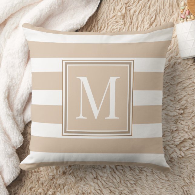 Neutral Tan and White Stripes With Brown Monogram Cushion (Blanket)
