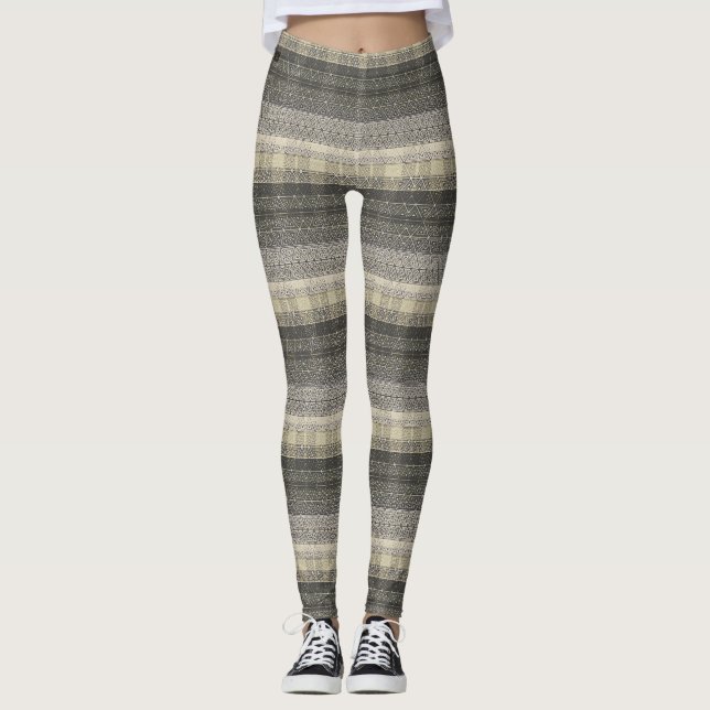 Neutral Tan Beige Grey Plaid Geometric Pattern Leggings (Front)