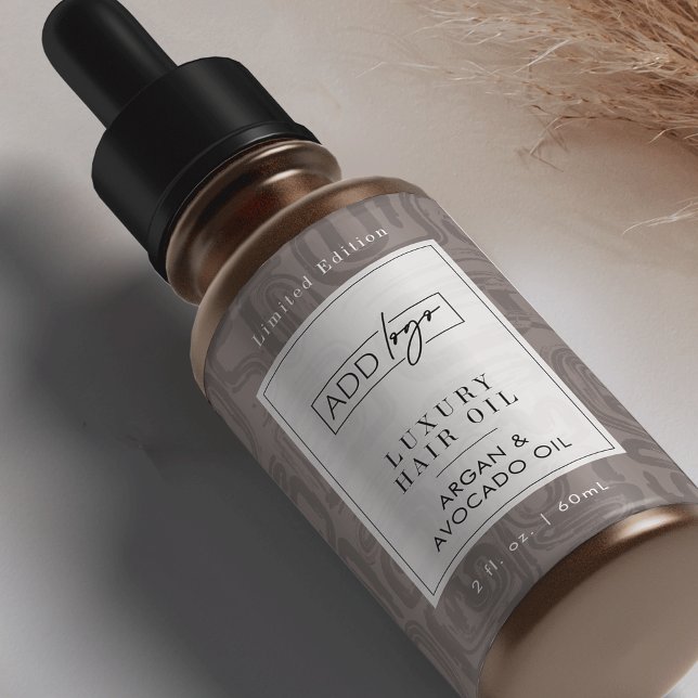 Neutral Tan Bohemian Logo 2OZ Dropper Bottle (Elegant earthy tones custom logo cosmetic bottle wrap around label design )
