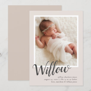 Neutral Tan Calligraphy Photo Birth Announcement