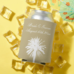 Neutral tan colour palette palm tree beach wedding can cooler