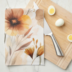 Neutral Tan Flowers Watercolor Blooms Elegant Tea Towel