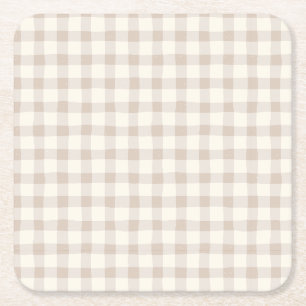 Neutral Tan Gingham Square Paper Coaster