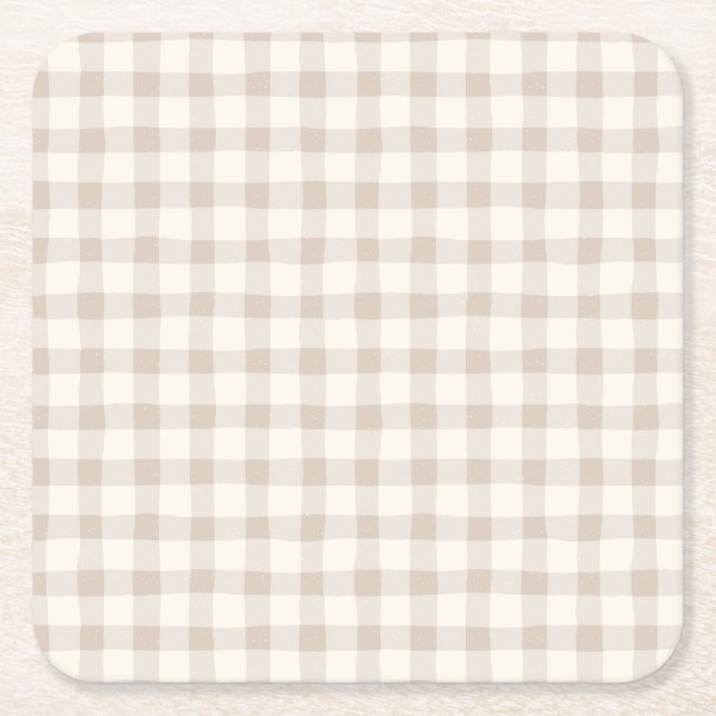 Neutral Tan Gingham  Square Paper Coaster (Front)