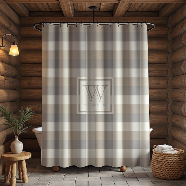 Neutral Tan Grey Ivory Rustic Plaid Monogram Shower Curtain (Creator Uploaded)