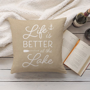 Neutral Tan & White Life Is Better At the Lake Cushion