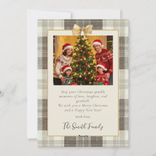 Neutral Tartan Bow Christmas Two Photo Holiday Card