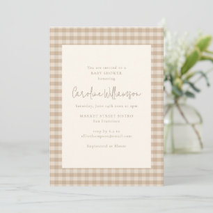 Neutral Taupe Beige Gingham Plaid Baby Shower Invitation