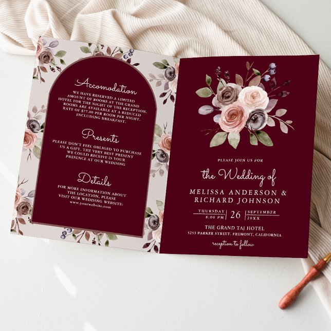 Neutral Taupe Floral QR Code Burgundy Wedding Invitation (Creator Uploaded)