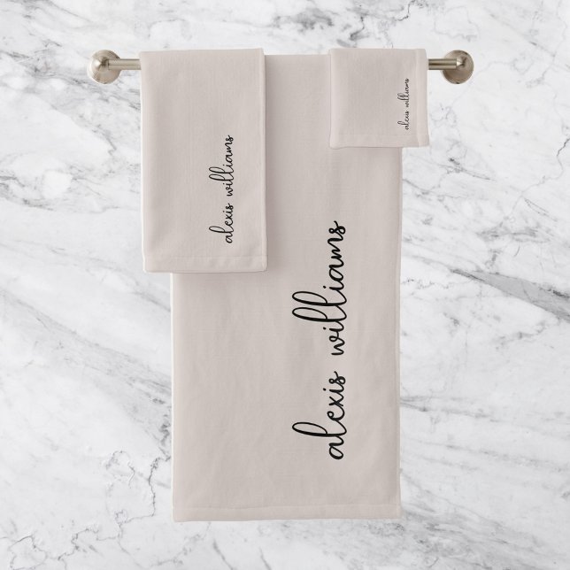 Neutral Taupe Minimalist Script Signature Monogram Bath Towel Set (Creator Uploaded)