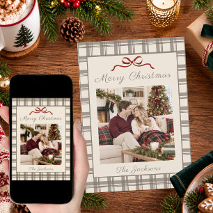 Neutral Taupe Red Bow Plaid Tartan Photo Christmas Holiday Card