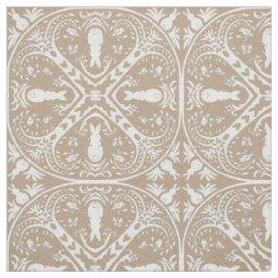 Neutral Taupe White Bunny Rabbit Medallion Design Fabric