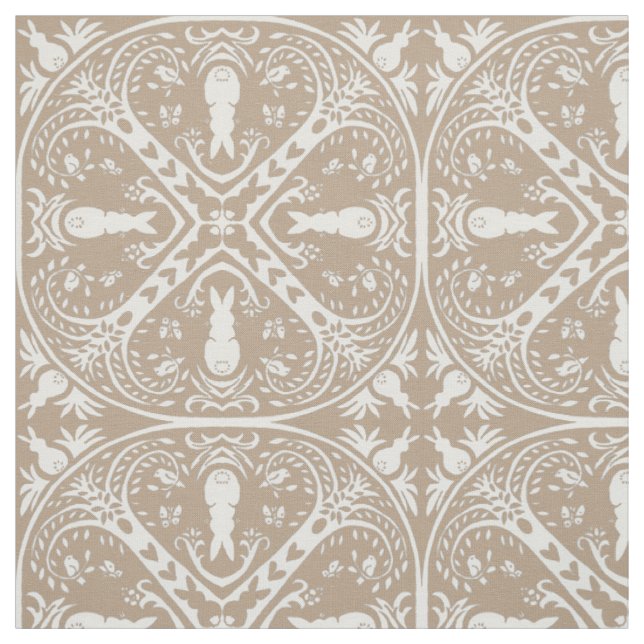 Neutral Taupe White Bunny Rabbit Medallion Design Fabric (Swatch)