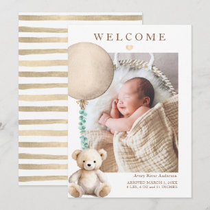 Neutral Teddy Bear Baby Photo Birth Announcement
