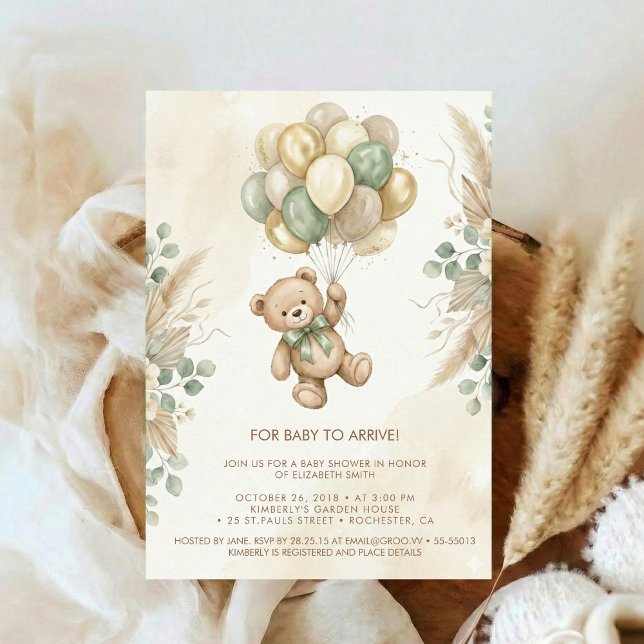 Neutral Teddy Bear Baby Shower flower Green Invitation (Creator Uploaded)