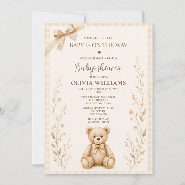 Neutral Teddy Bear Baby Shower Invitation (Front)